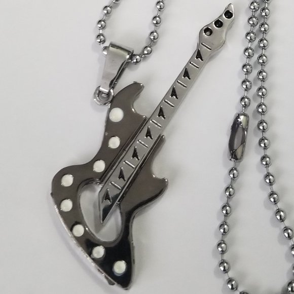 Stainless Steel Gunmetal Guitar Necklace – Rock Music Pendant, Unisex, NWT - Picture 3 of 4